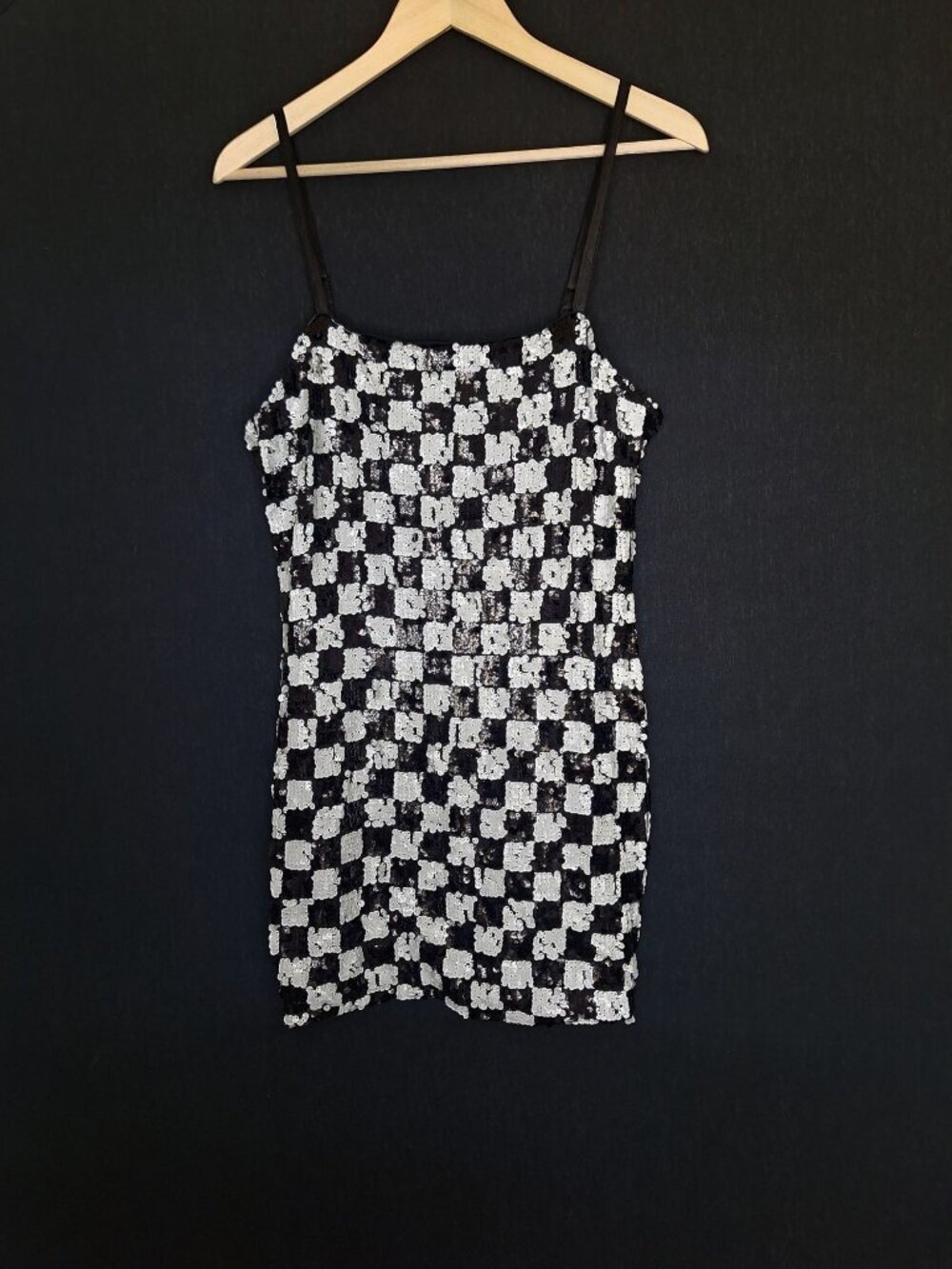 💙 Lily Rose Sequin Mini Dress Black White Size L Checkerboard Spaghetti Strap P
